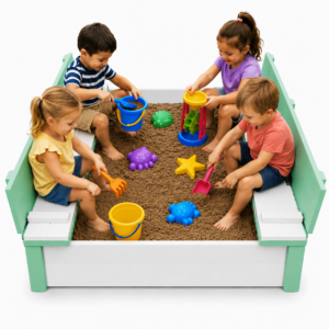 8 Seater Wooden Folding Bench Sandpit - Green and white