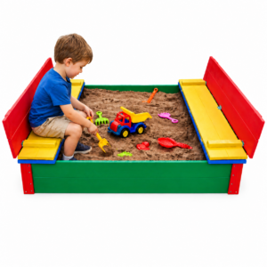 Multi-colour 4 seater wooden sandpit with folding benches