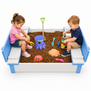 Blue and white wooden 4 seater folding bench sandpit