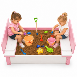 Pink and white wooden folding bench sandpit