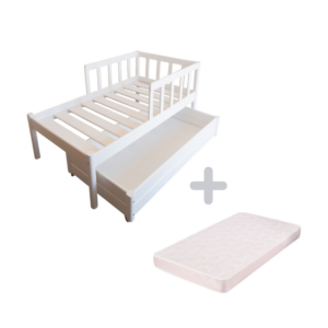 Just For Kids Short Side Rails Toddler Bed with Storage Unit & Mattress COMBO - White Finish