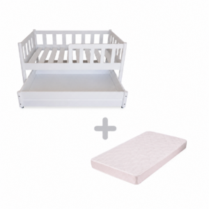 Just For Kids Side Rails Toddler Bed with Storage Unit & Mattress COMBO - White Finish